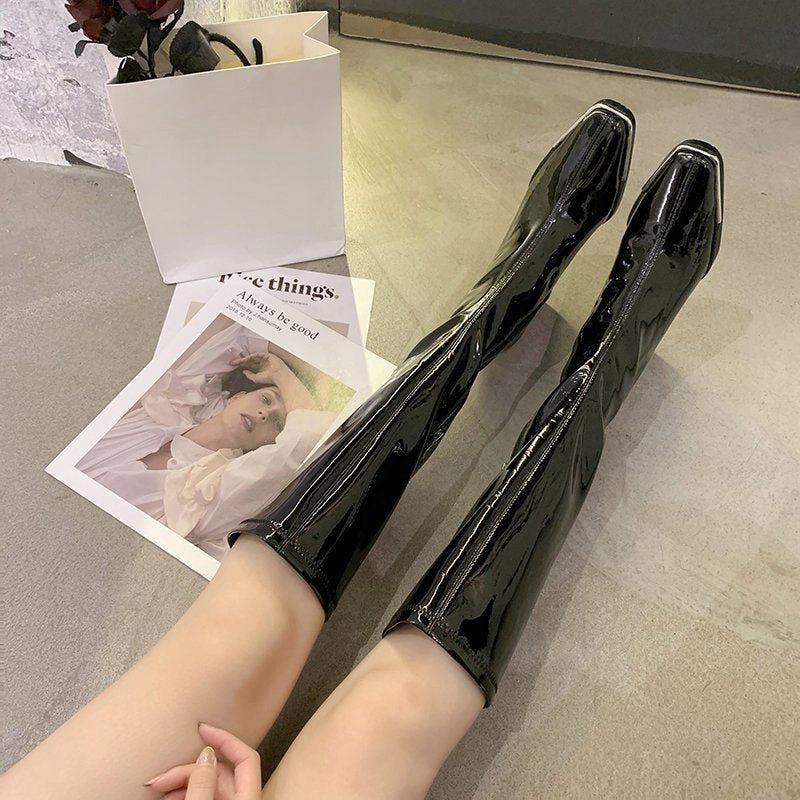 Ladies Boots Long Footwear Winter Knee High Shaft Shoes for Women Very Heel Square Toe Platform Trend 2023 Waterproof Y2k Pu New Shoes Slip On