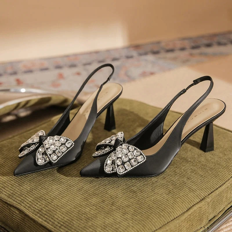 MQTIME  -  Comfort Shoes for Women Beige Heeled Sandals Black Bow Stiletto Clear Low 2024 Pointed Open Rhinestone Girls High Closed Sweet R Sandals Sailor Moon