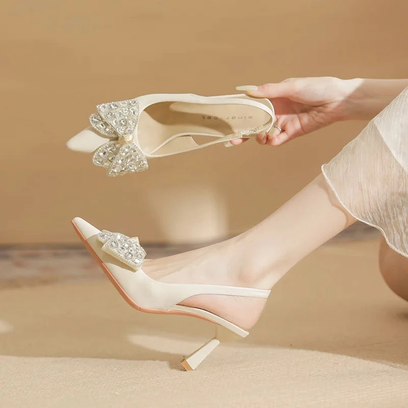 MQTIME  -  Comfort Shoes for Women Beige Heeled Sandals Black Bow Stiletto Clear Low 2024 Pointed Open Rhinestone Girls High Closed Sweet R Platform Strap Sandals