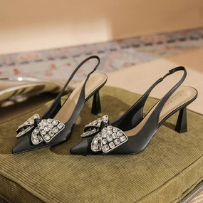 MQTIME  -  Comfort Shoes for Women Beige Heeled Sandals Black Bow Stiletto Clear Low 2024 Pointed Open Rhinestone Girls High Closed Sweet R Chloe Sandals