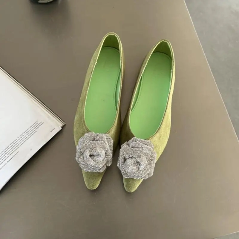 Flat Shoes With Heel MQTIME  -  Crystal Pointed Toe Women Flat Heel Shoes Fashion Shallow Slip On Ladies Flower Decoration Flats Female Comfort Office Shoes