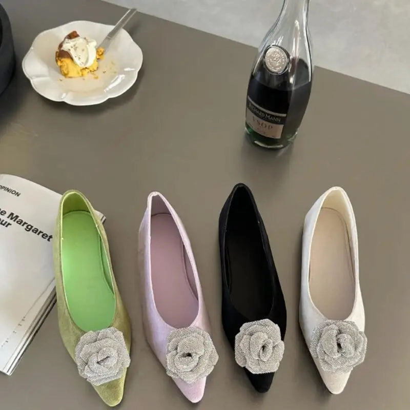 MQTIME  -  Crystal Pointed Toe Women Flat Heel Shoes Fashion Shallow Slip On Ladies Flower Decoration Flats Female Comfort Office Shoes Best Stylish Shoes For Flat Feet
