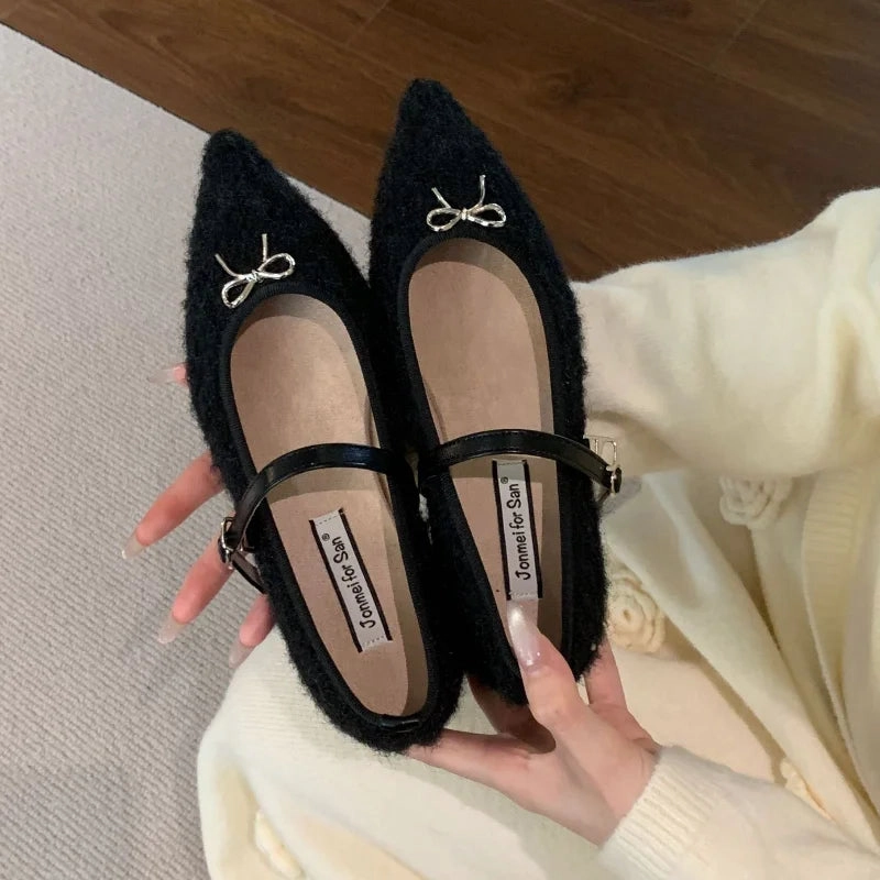 MQTIME  -  Designer Autumn Winter Women Mary Jane Flat Shoes Fashion Shallow Pointed Toe Ballerinas Flat Heel Shoes Shiny Flat Shoes