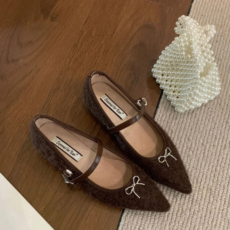 MQTIME  -  Designer Autumn Winter Women Mary Jane Flat Shoes Fashion Shallow Pointed Toe Ballerinas Flat Heel Shoes Low Heel Flat Wedding Shoes