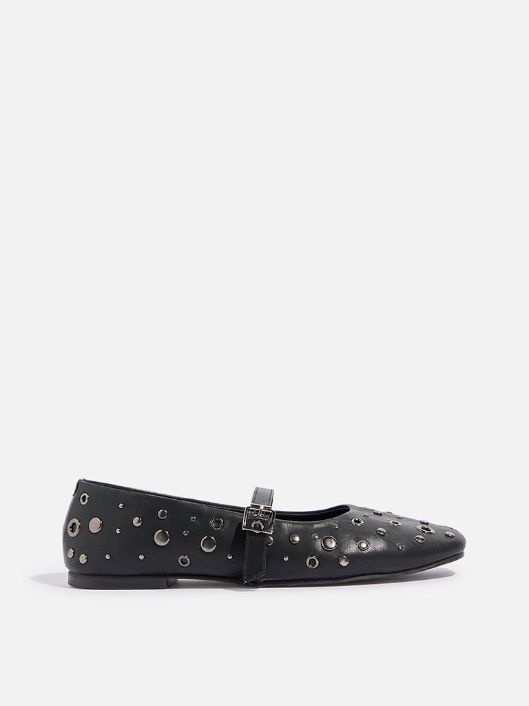 LUNA BLU Black Stud-Detailed Mary Jane Shoes Flat Shoes 2025