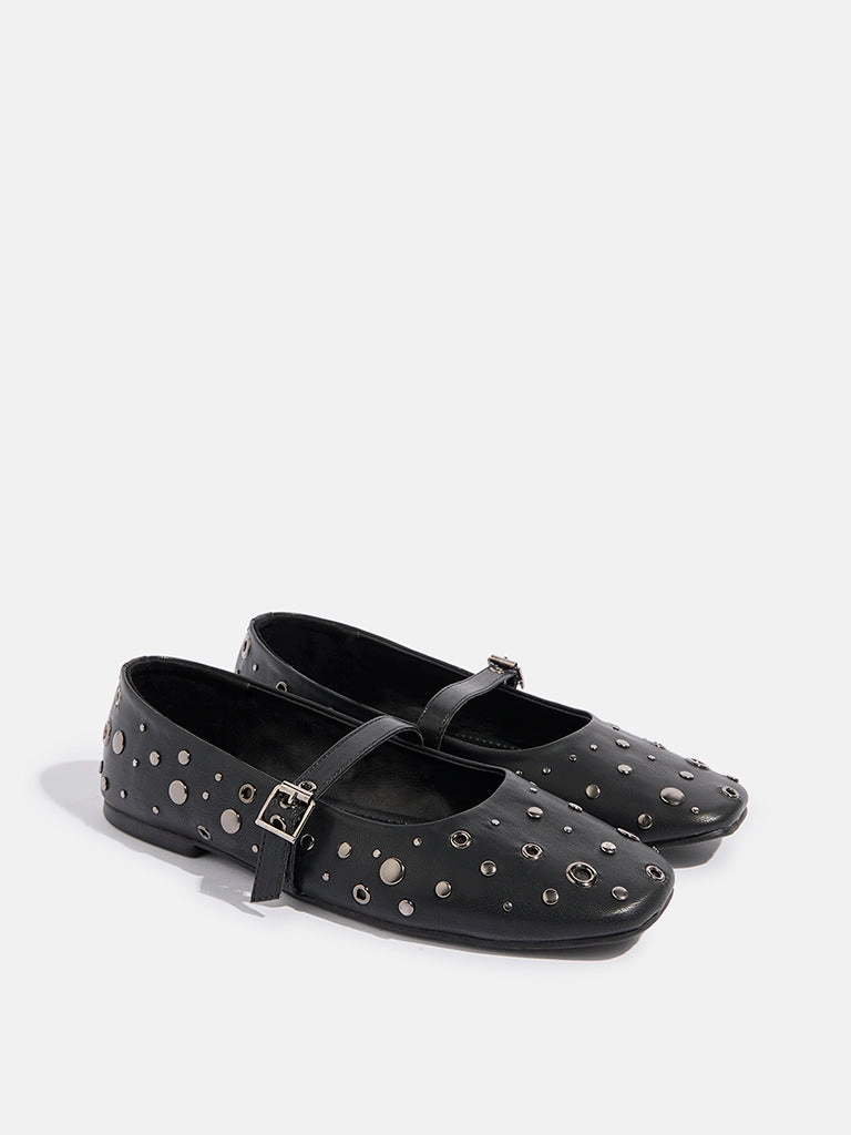 LUNA BLU Black Stud-Detailed Mary Jane Shoes Best Aerobic Shoes For Flat Feet