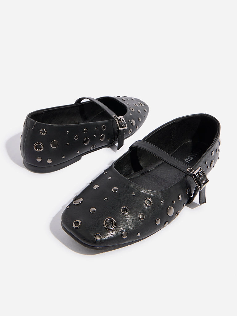 LUNA BLU Black Stud-Detailed Mary Jane Shoes Winter Cycling Shoes Flat Pedals