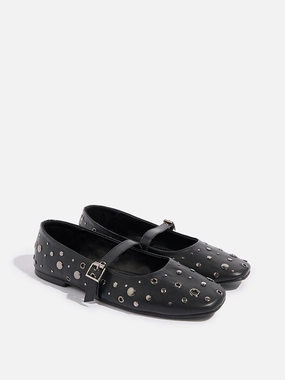 LUNA BLU Black Stud-Detailed Mary Jane Shoes Workout Shoes Flat Feet