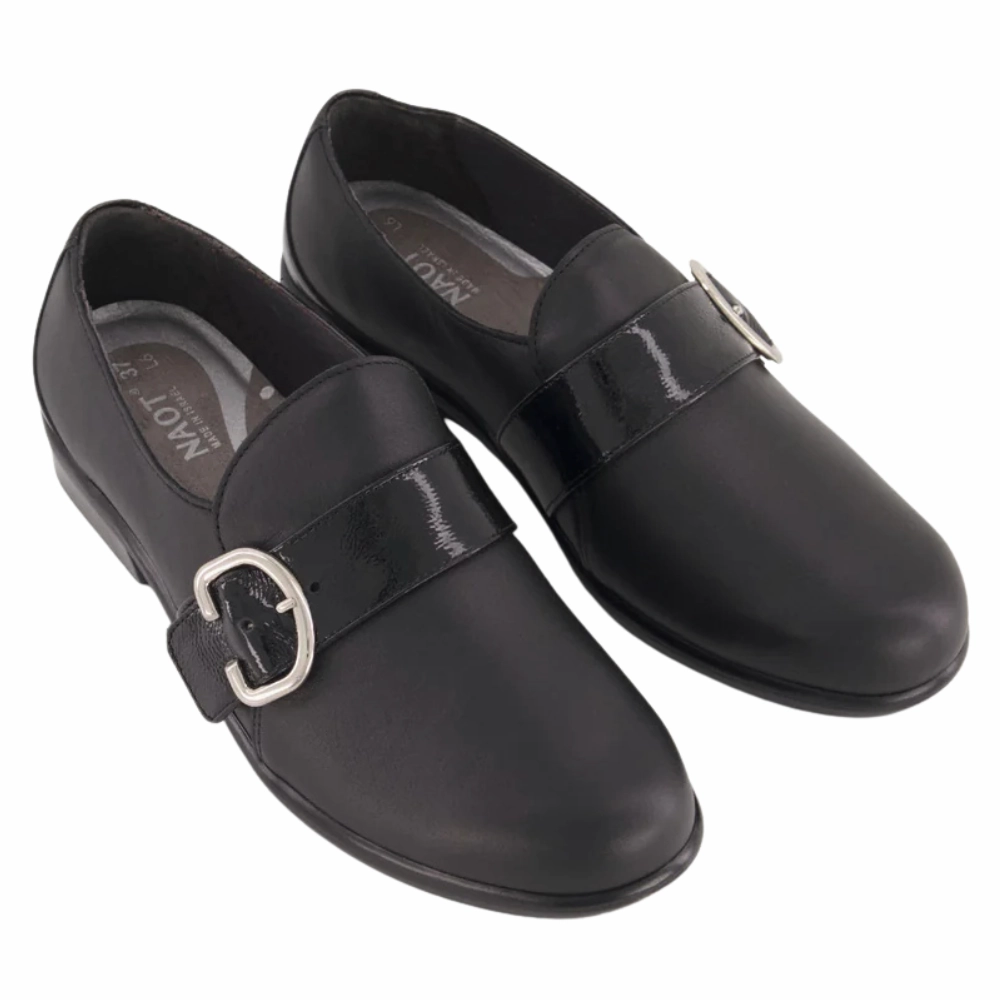 Best Flat Lifting Shoes Naot Viscol Jet Black Leather/Black Crinkle Patent Leather Shoe (Women's)