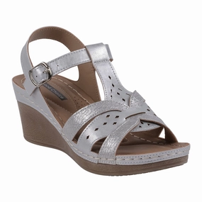 Darry Silver Perforated T-Strap Slingback Wedge Sandals Best Leather Sandals