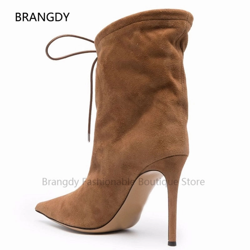 Vector High Heels 2021 Women Winter Sheep Suede Calf Heels Boots Pointy Brown Lace-Up Thin High Heels Boots Slouchy Stiletto Heels Botines Mujer