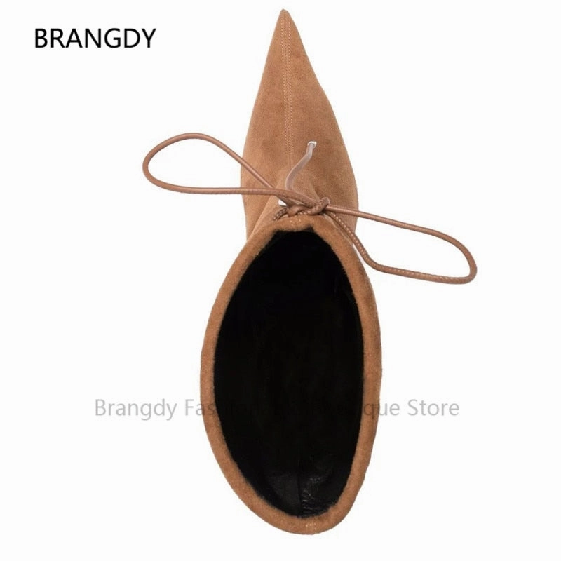 2021 Women Winter Sheep Suede Calf Heels Boots Pointy Brown Lace-Up Thin High Heels Boots Slouchy Stiletto Heels Botines Mujer Fancy High Heels