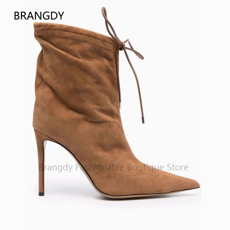 High Heels From The Front 2021 Women Winter Sheep Suede Calf Heels Boots Pointy Brown Lace-Up Thin High Heels Boots Slouchy Stiletto Heels Botines Mujer