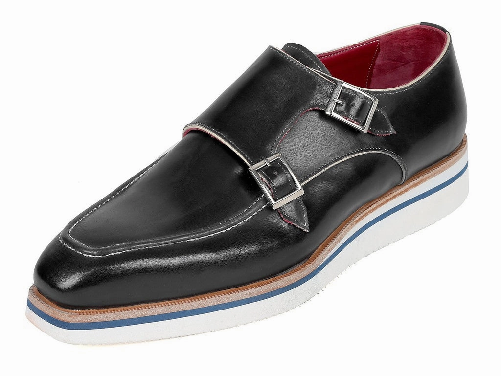 Navy Smart Casual Shoes Paul Parkman Men's Smart Casual Monkstrap Shoes Black Leather (ID#189-BLK-LTH)