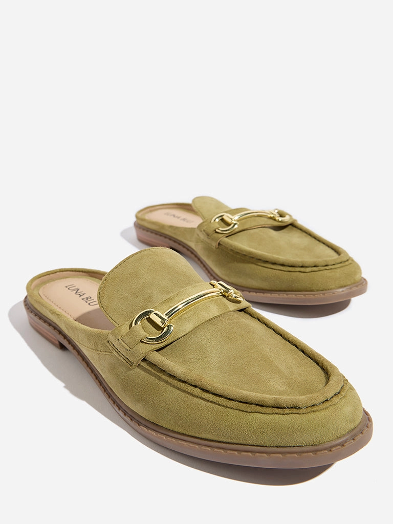 Yellow Flat Shoes LUNA BLU Olive Chain-Detailed Faux-Suede Mule Shoes
