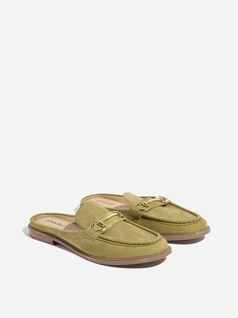 Union Flat Mtb Shoes LUNA BLU Olive Chain-Detailed Faux-Suede Mule Shoes