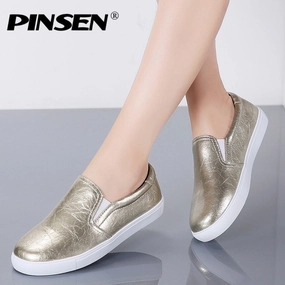 PINSEN New 2020 Autumn Loafers Women Flats Shoes Genuine Leather Casual Shoes Woman Slip-on Ballerina Flats Shoes Ladies Shoes Waterproof Shoes Ballet Flats