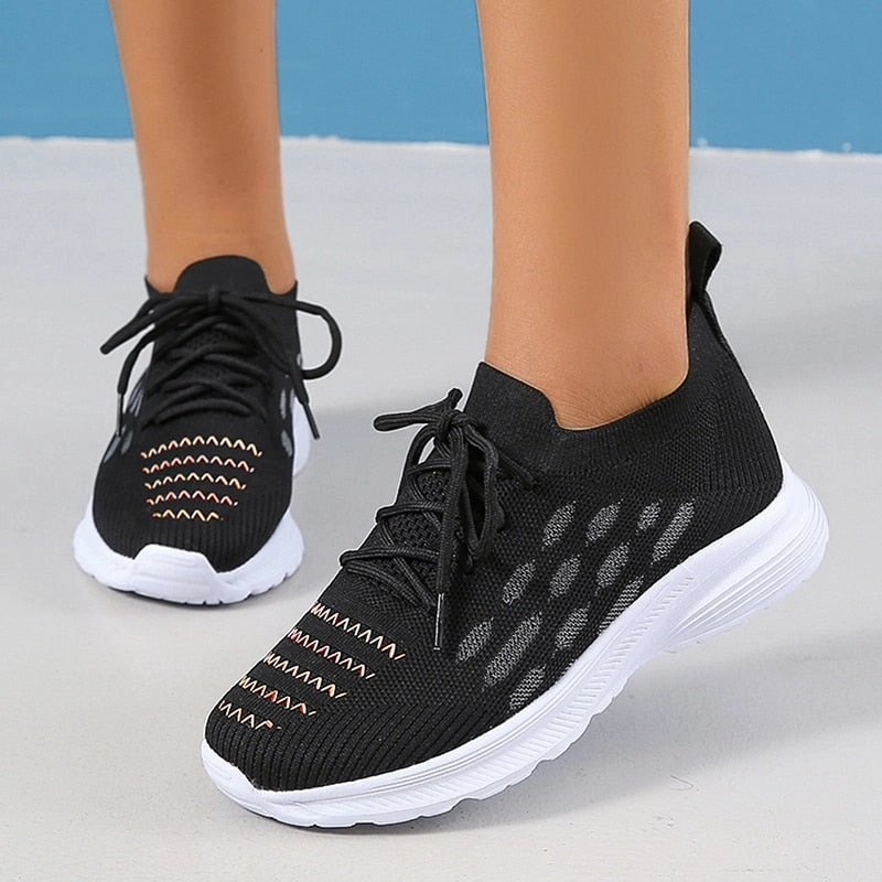 Sequin Flats Shoes Plus Size 43 Soft Sole Casual Shoes Women 2023 Autumn Breathable Mesh Knitted Sneakers Woman Flat Heels Anti Slip Walking Shoes
