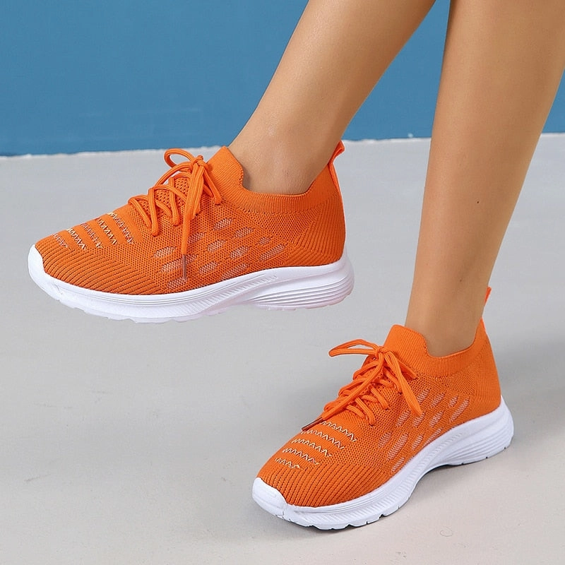 Cute Shoes For Flat Feet Plus Size 43 Soft Sole Casual Shoes Women 2023 Autumn Breathable Mesh Knitted Sneakers Woman Flat Heels Anti Slip Walking Shoes