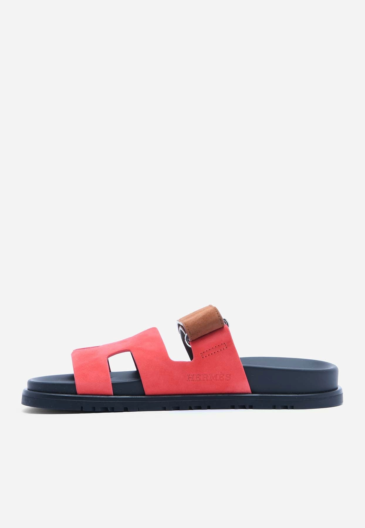 Ines Slides Chypre Sandals in Rouge Cinetique and Gold Suede