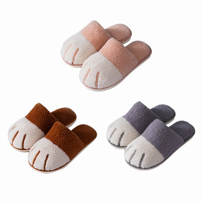 Purpdrank - Winter Warm Plush Slippers Cute Cat Paw Designer House Women Fur Slippers Floor Mute Bedroom Lovers Indoor Fluffy Shoes Patterned Slippers
