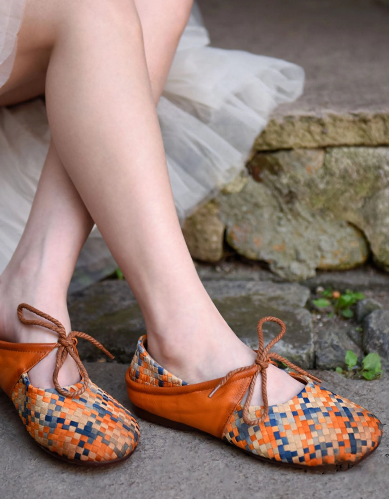 Unique Flat Shoes Real Leather Woven Lace-up Retro Flat Shoes