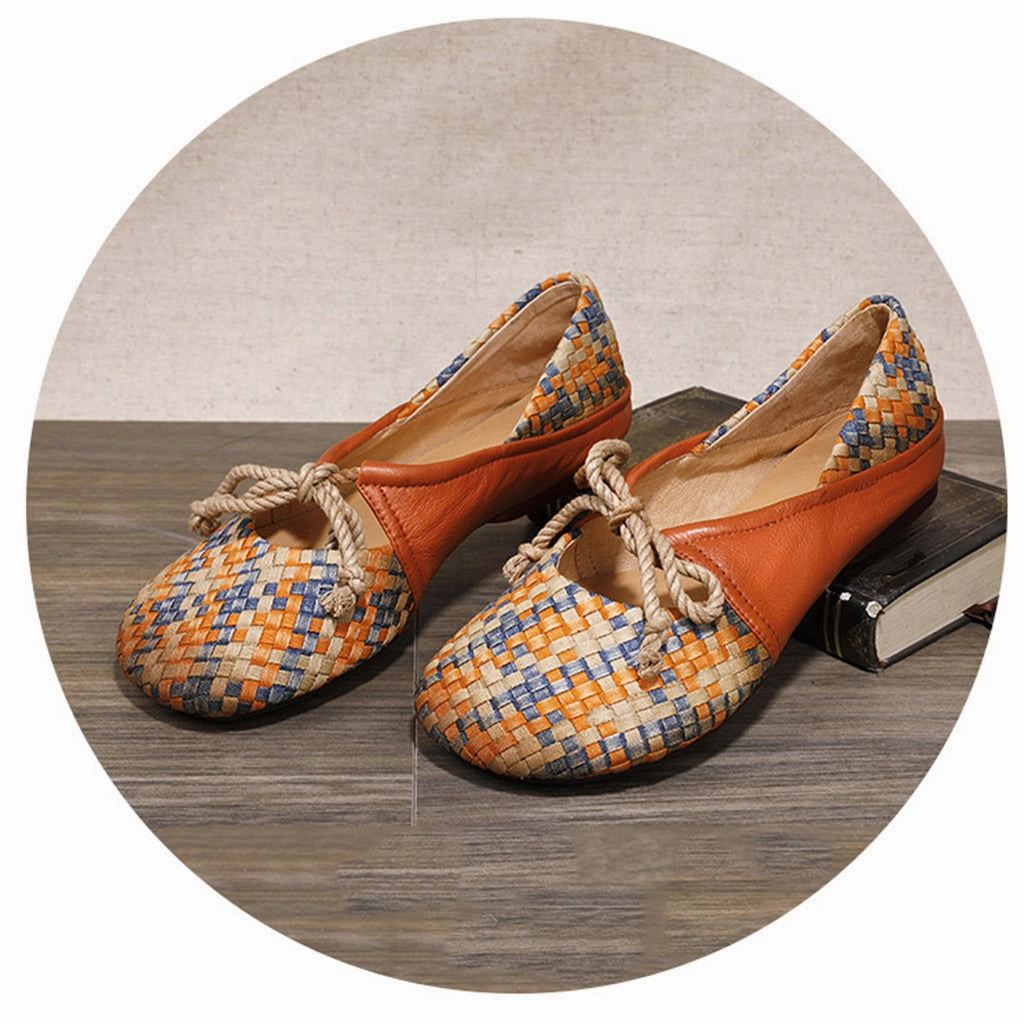 Real Leather Woven Lace-up Retro Flat Shoes Fur Flat Shoes