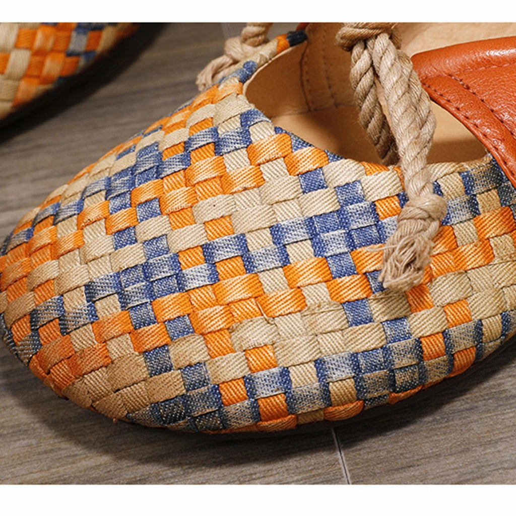 Real Leather Woven Lace-up Retro Flat Shoes Flat Arch Shoes