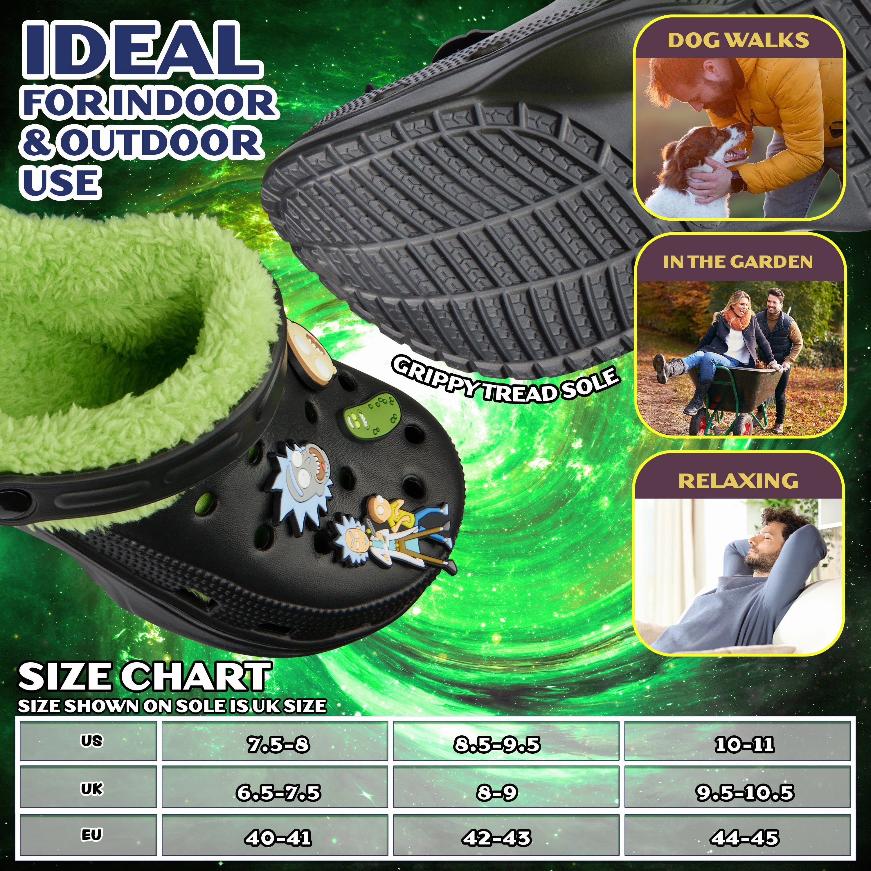 Hyperport Clogs Rick and Morty Clogs Mens Winter Fleece Lining & Removable Charms - Warm Slip On Garden Shoes with Strap