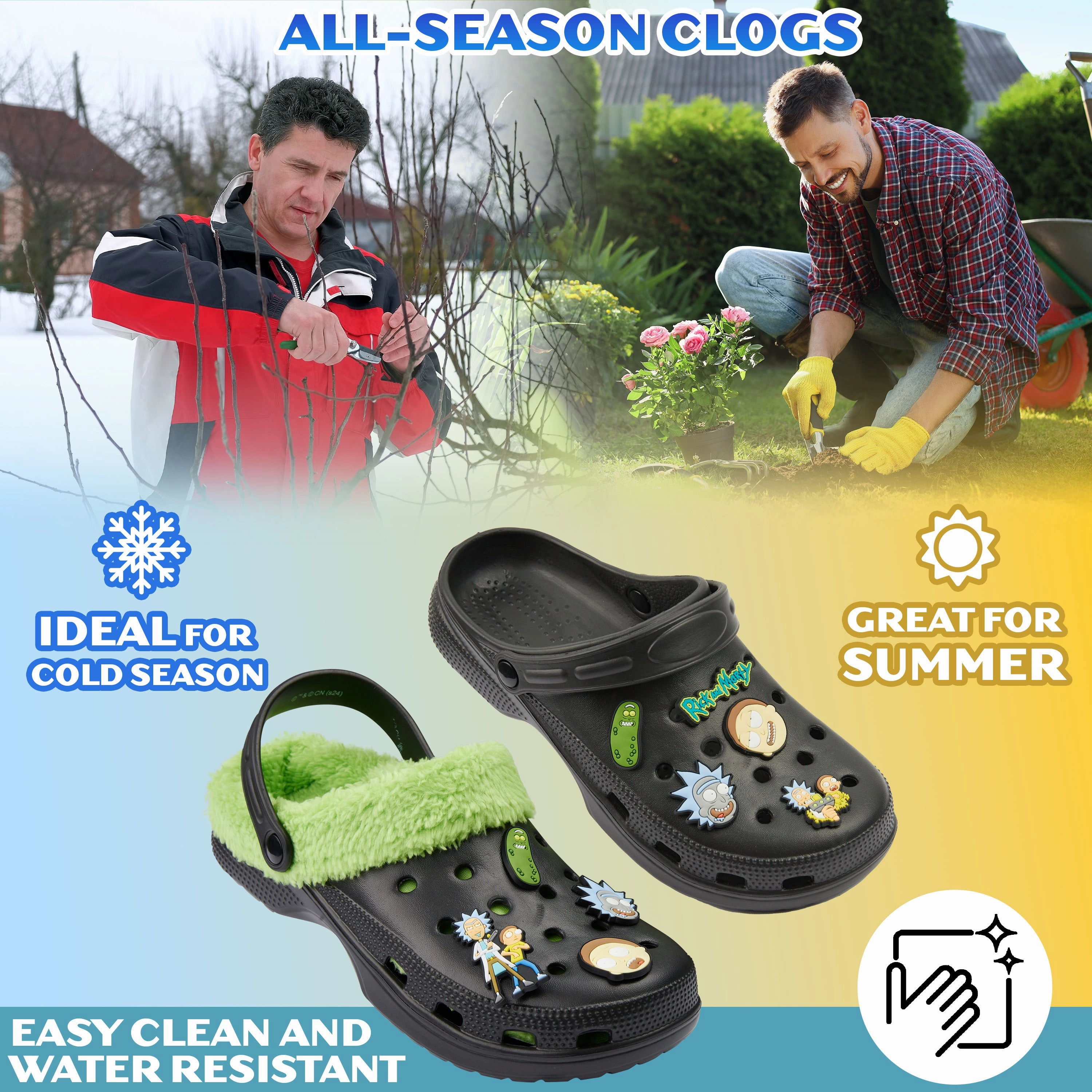 Rick and Morty Clogs Mens Winter Fleece Lining & Removable Charms - Warm Slip On Garden Shoes with Strap No 6 Wedge Clogs