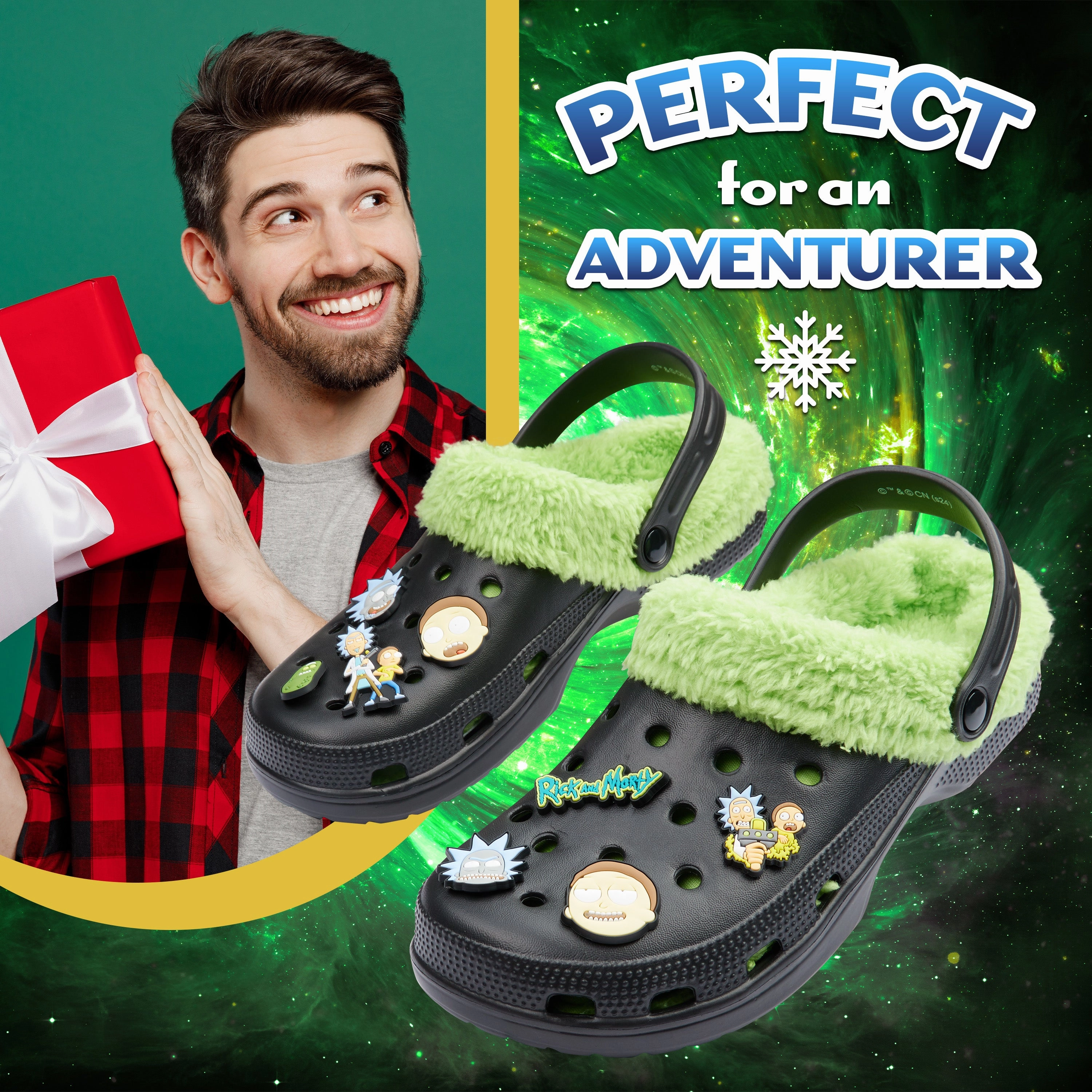 Rick and Morty Clogs Mens Winter Fleece Lining & Removable Charms - Warm Slip On Garden Shoes with Strap Ride Clogs