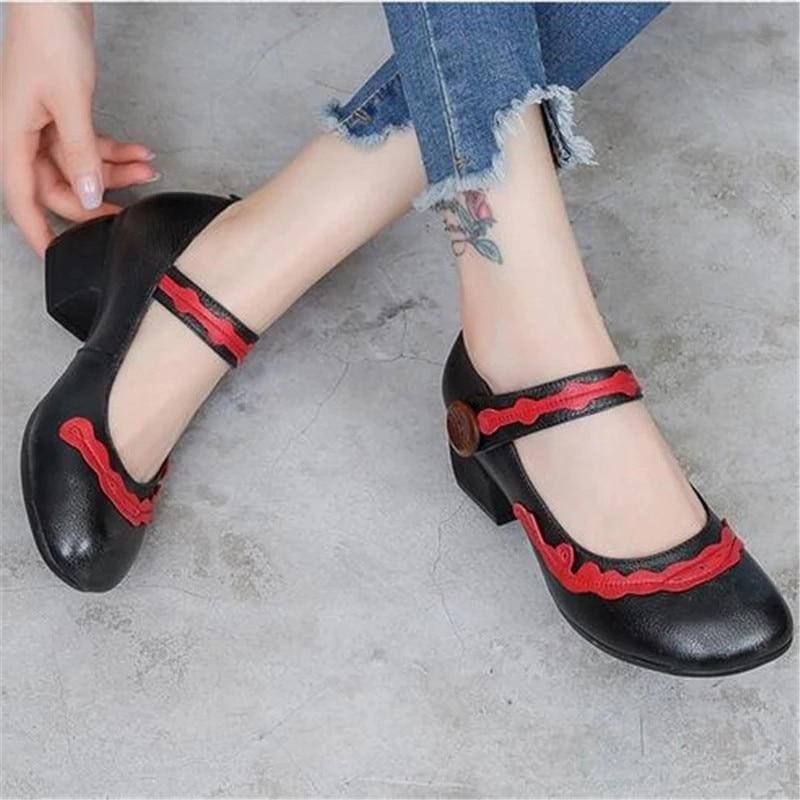 High Heels Cork Classic Retro Mixed Colors Non-slip Thick Heel Comfortable Genuine Leather Shoes