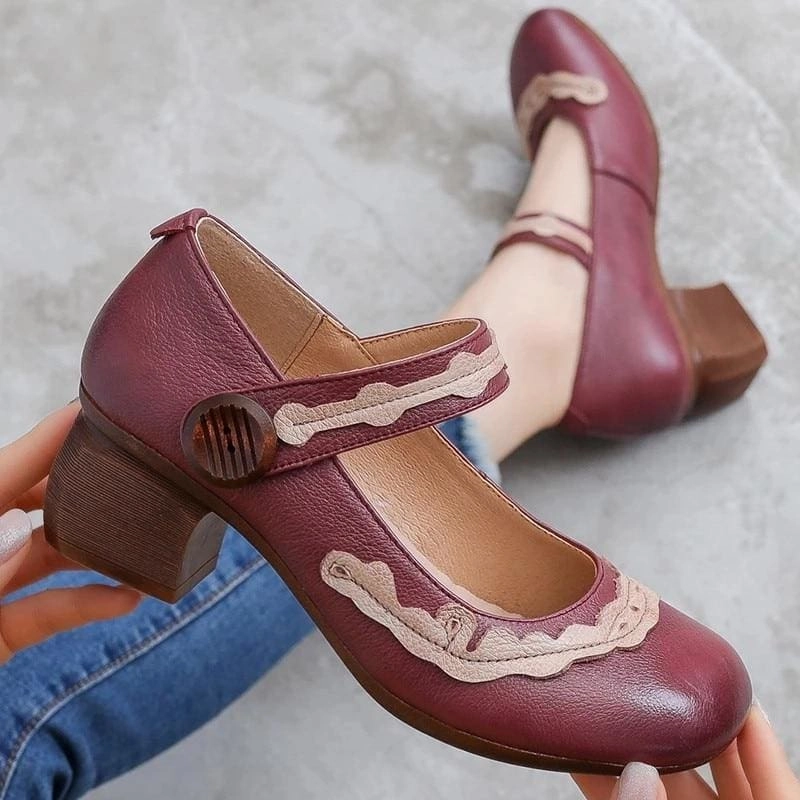 Classic Retro Mixed Colors Non-slip Thick Heel Comfortable Genuine Leather Shoes High Heel Mary Janes