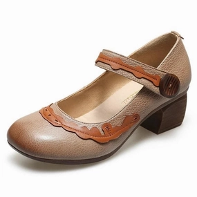 High Heels With Arch Support Classic Retro Mixed Colors Non-slip Thick Heel Comfortable Genuine Leather Shoes