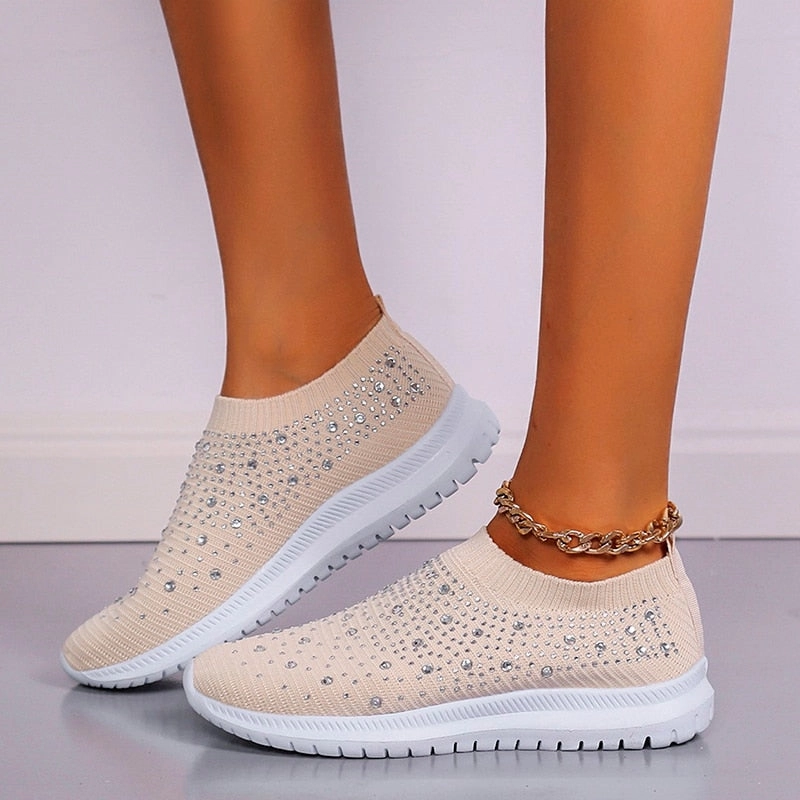 Shining Crystal Flats Shoes for Women Plus Size Breathable Flat Athletic Shoes