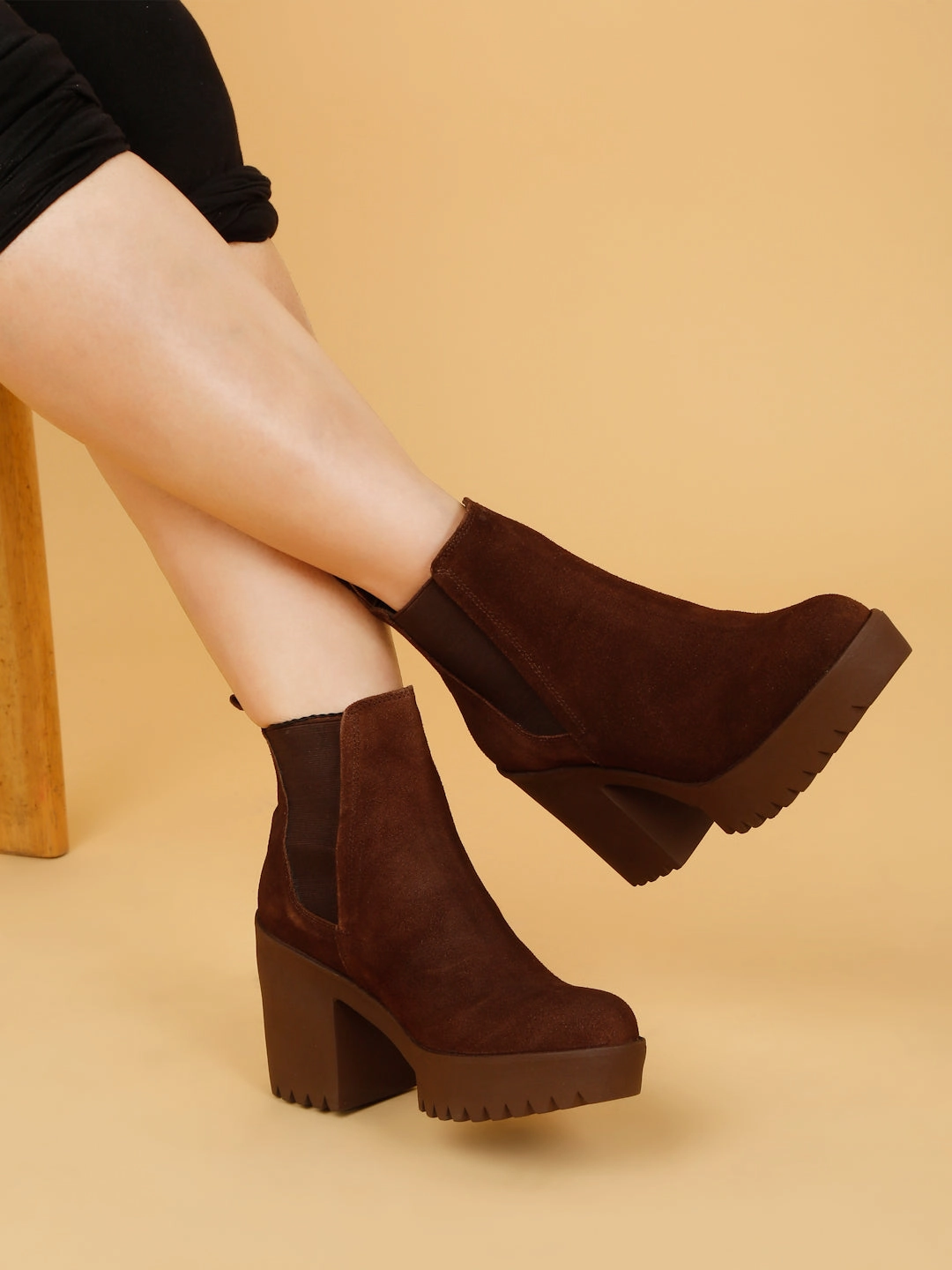 Cowboy Boots Wide Calf Women's Brown Suede Leather Mid - Ankle High Heeled Boots