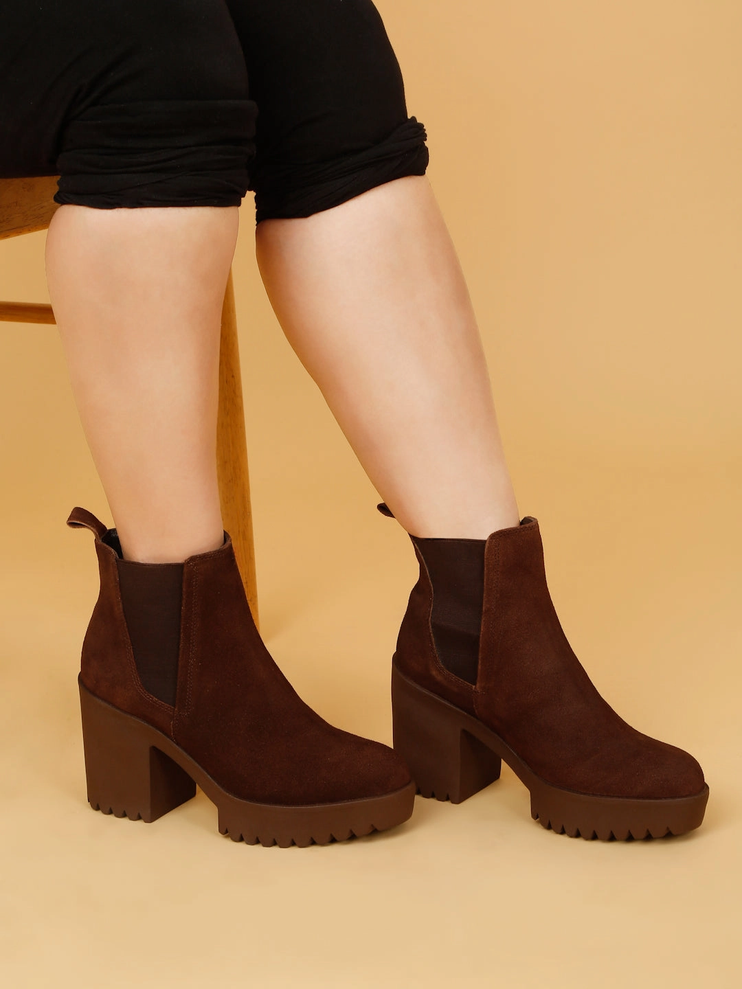 Women's Brown Suede Leather Mid - Ankle High Heeled Boots Snip Toe Cowboy Boots