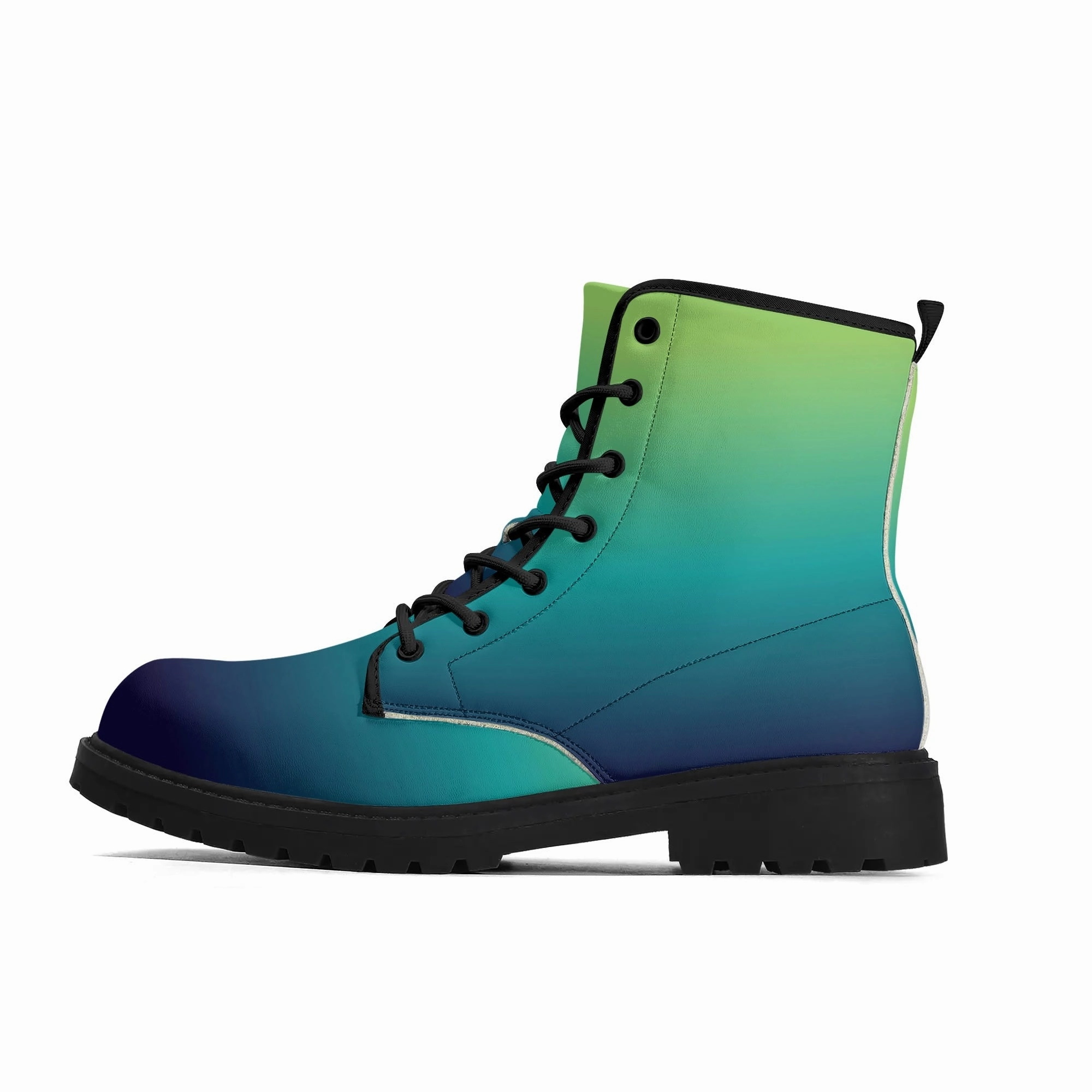 Waterproof Adventure Shoes Blue Green Ombre Women Leather Boots, Teal Gradient Tie Dye Vegan Lace Up Shoes Festival Black Ankle Combat Work Winter Waterproof Ladies