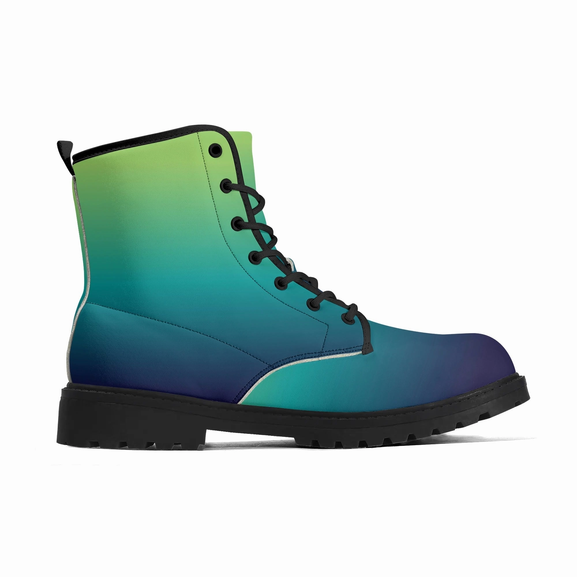 Blue Green Ombre Women Leather Boots, Teal Gradient Tie Dye Vegan Lace Up Shoes Festival Black Ankle Combat Work Winter Waterproof Ladies Ecco Shoes