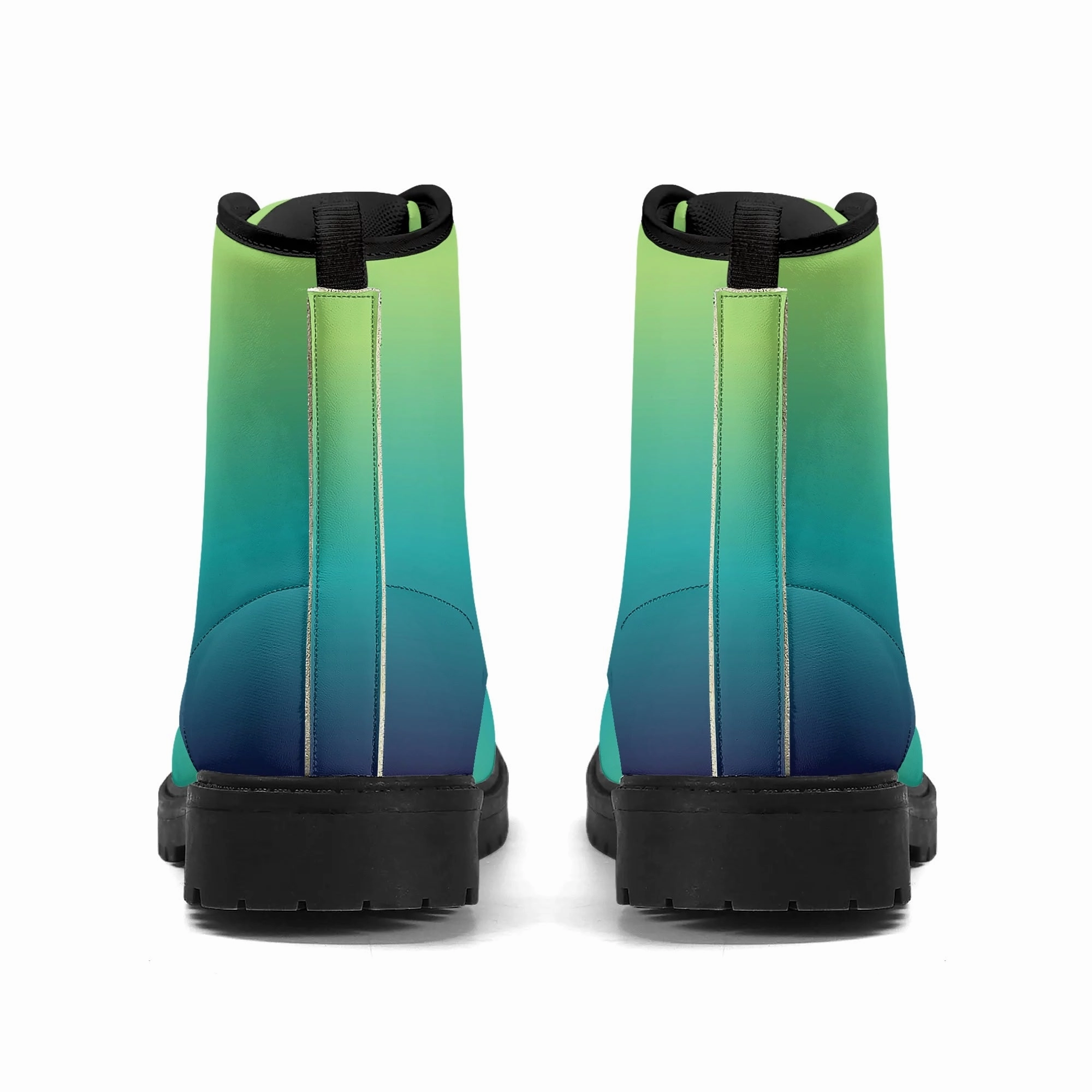 Waterproof Outdoor Work Shoes Blue Green Ombre Women Leather Boots, Teal Gradient Tie Dye Vegan Lace Up Shoes Festival Black Ankle Combat Work Winter Waterproof Ladies