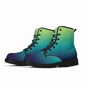 Waterproof Your Shoes Spray Blue Green Ombre Women Leather Boots, Teal Gradient Tie Dye Vegan Lace Up Shoes Festival Black Ankle Combat Work Winter Waterproof Ladies