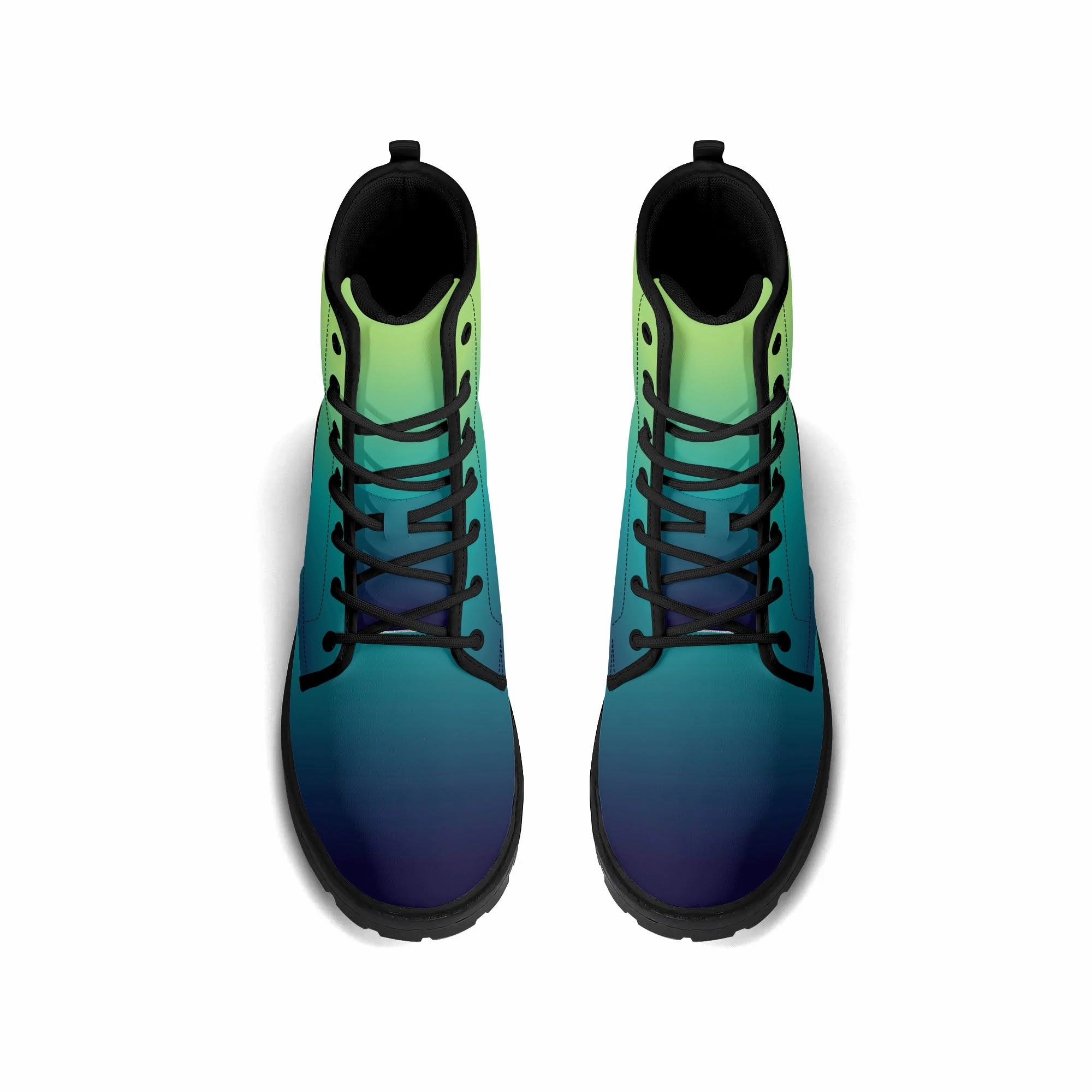 Blue Green Ombre Women Leather Boots, Teal Gradient Tie Dye Vegan Lace Up Shoes Festival Black Ankle Combat Work Winter Waterproof Ladies Columbia Dakota Drifter Waterproof Hiking Shoe