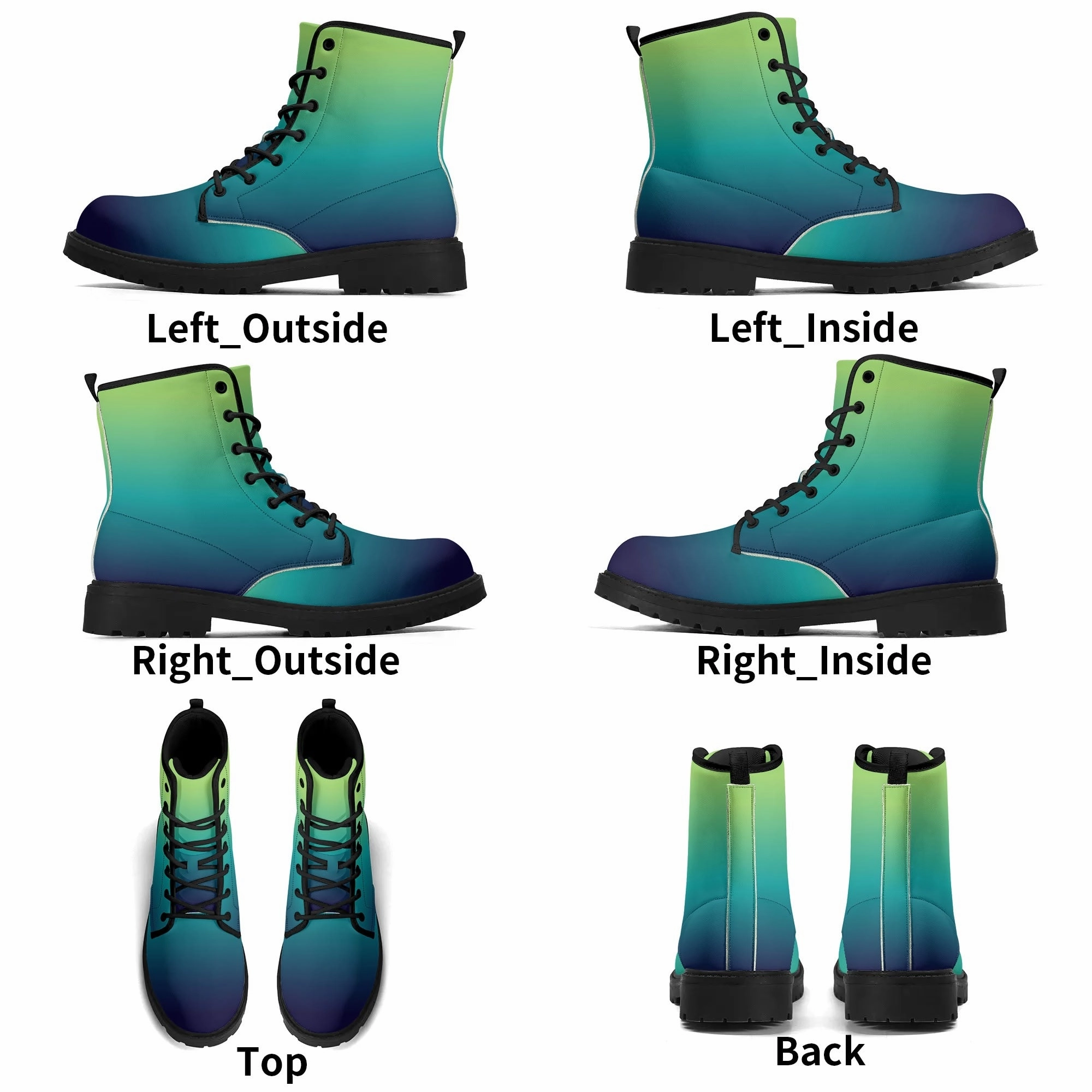 Construction Work Shoes Blue Green Ombre Women Leather Boots, Teal Gradient Tie Dye Vegan Lace Up Shoes Festival Black Ankle Combat Work Winter Waterproof Ladies