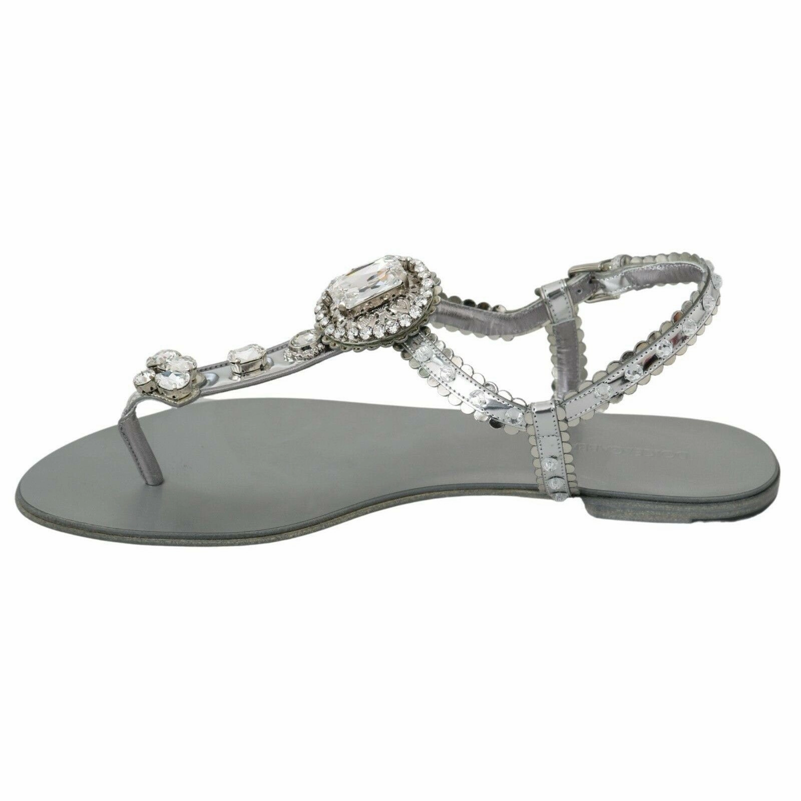 Dolce & Gabbana Elegant Silver Flats with Crystal Embellishments Flat Soled Shoes