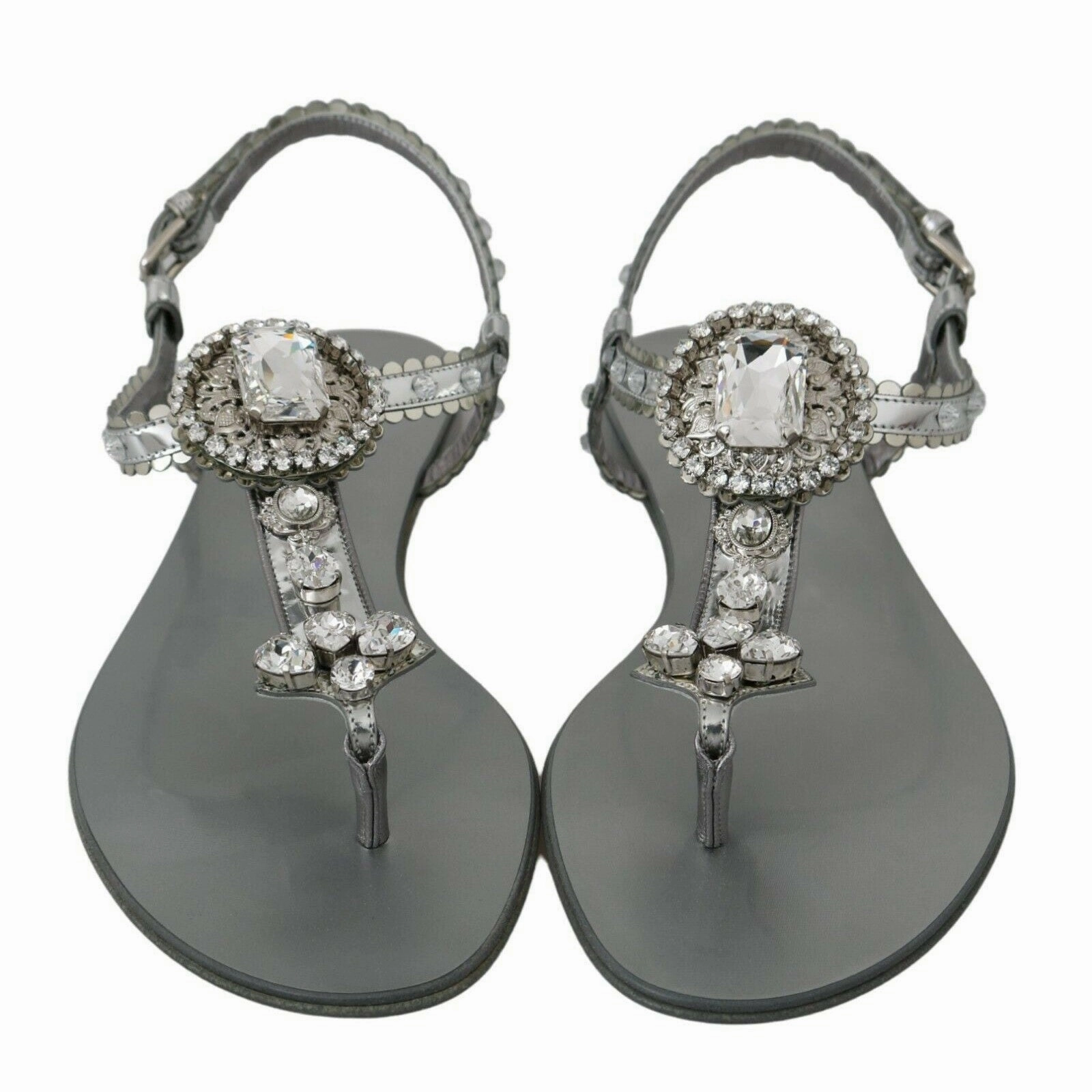 Dolce & Gabbana Elegant Silver Flats with Crystal Embellishments Two Part Flat Shoes