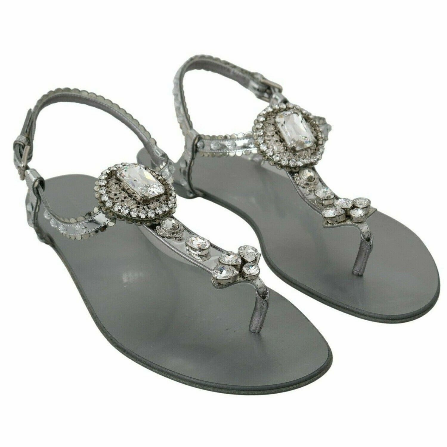 Dolce & Gabbana Elegant Silver Flats with Crystal Embellishments Shoes Size 10 Flats