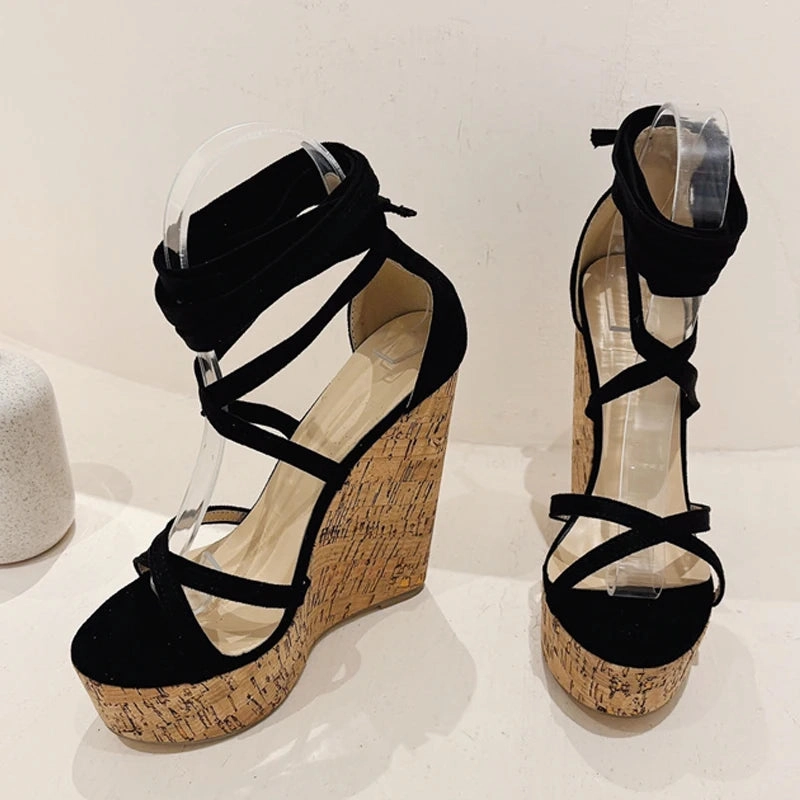 Liyke Sommer mode Schnrung Keile Sandalen fr Frauen gemtliche Holz Thinck Bottom Open Toe Plattform High Heels Damenschuhe schwarz Sandals And Espadrilles