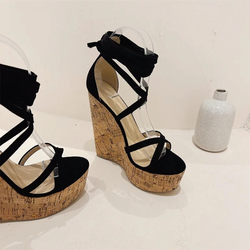 Liyke Sommer mode Schnrung Keile Sandalen fr Frauen gemtliche Holz Thinck Bottom Open Toe Plattform High Heels Damenschuhe schwarz Sandals Weddings