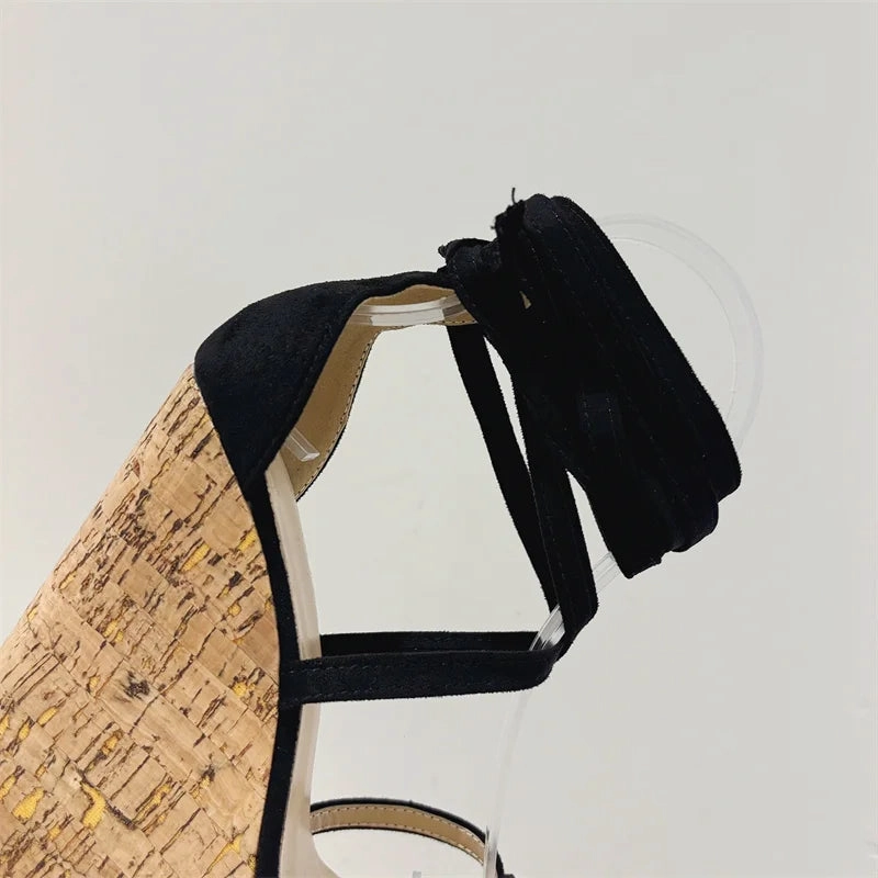 Franco Sandals Liyke Sommer mode Schnrung Keile Sandalen fr Frauen gemtliche Holz Thinck Bottom Open Toe Plattform High Heels Damenschuhe schwarz