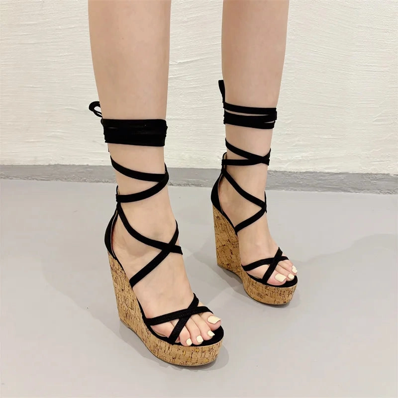 Gem Sandals Liyke Sommer mode Schnrung Keile Sandalen fr Frauen gemtliche Holz Thinck Bottom Open Toe Plattform High Heels Damenschuhe schwarz